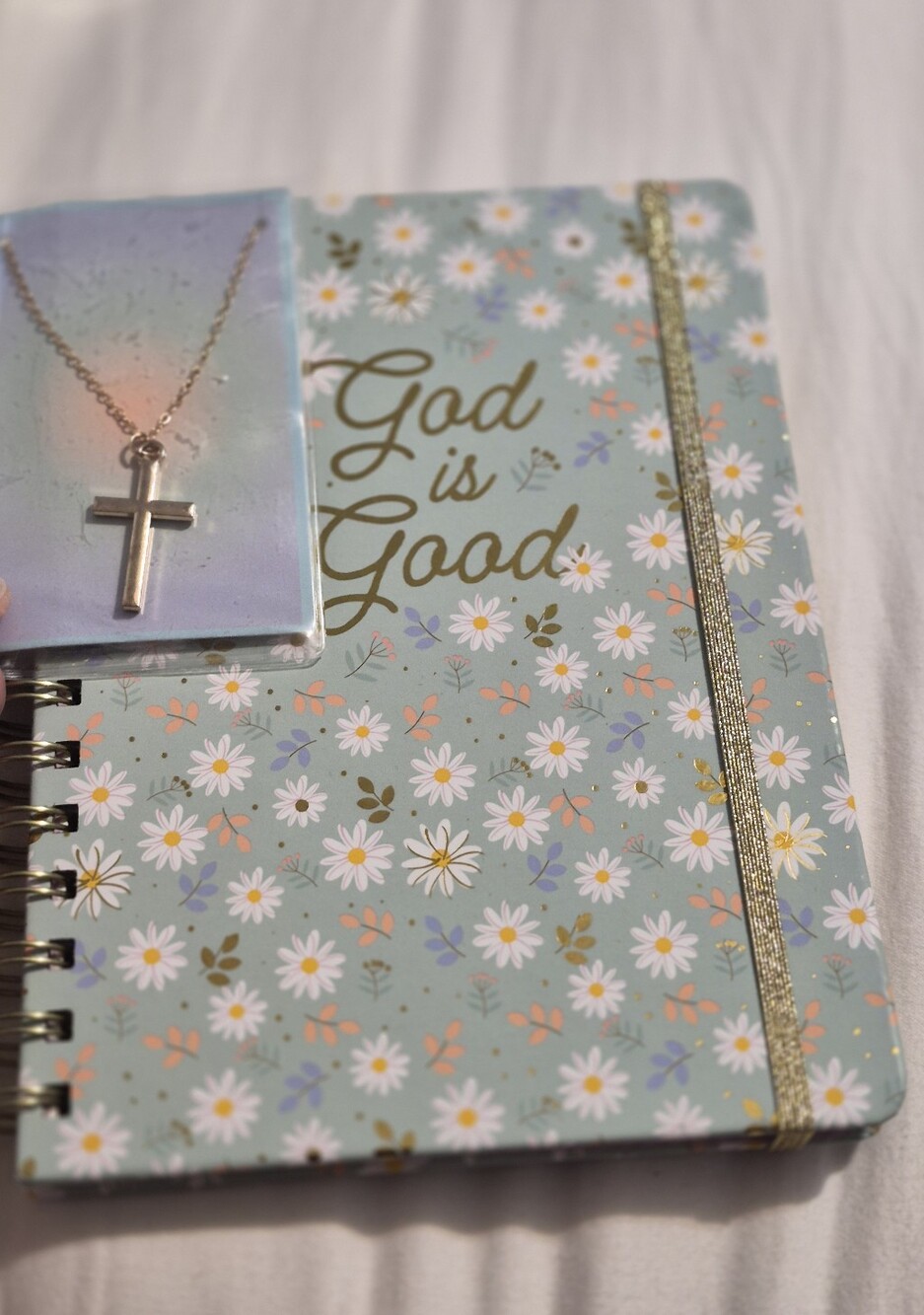 Floral 'God is Good' Spiral Notebook with Gold Cross Necklace